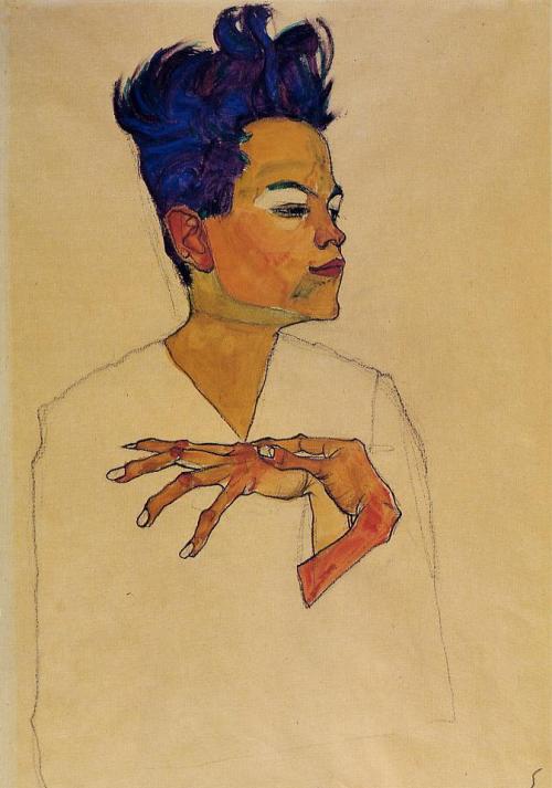 2headedsnake:  Egon Schiele ‘Self-portrait’, 1914, gouache and pencil on paper ‘Self-portrait’, 1913, pencil on paper ‘Self-portrait with hands on chest’, 1910, watercolors on paper 