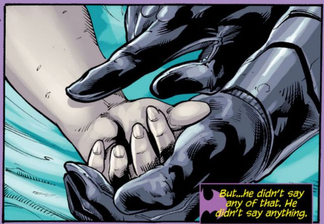 there's a comic panel of bruce holding barbara's hand is one of his and checking her pulse with the other. barbara thinks "but.. he didn't say any of that. he didn't say anything'
