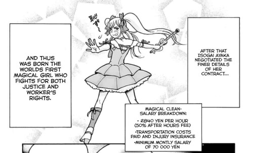 lenasai:mendelpalace:Excerpts from Fukugyou Mahou Shoujo (aka Side Business Magical Girl), a 25-page one-shot manga by Hattori Shouta. It’s the story of “the world’s first magical girl who fights for both justice and worker’s rights.” @stick-arms