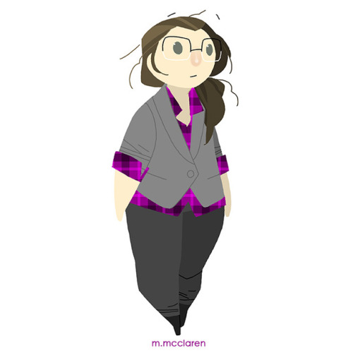 [Description: A cartoon of myself wearing dark jeans and shoes, a purple plaid shirt, and a light gr