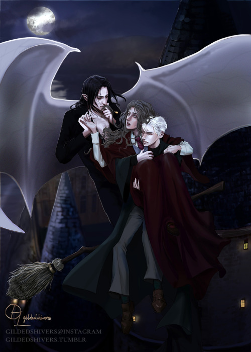 This is the alternate version, with our little love triangle flying over Hogwarts castle this time. 