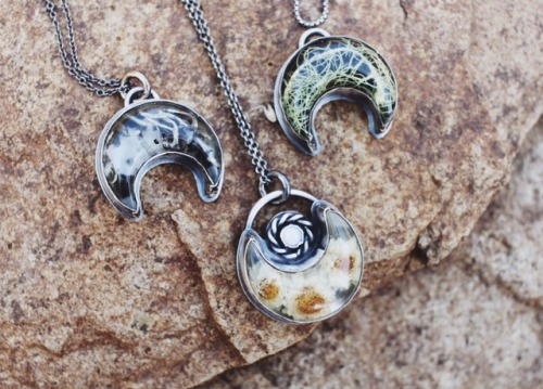 crescent moon pendants featuring pearly everlasting, lichen and usnea in the shop now! www.bonesandt