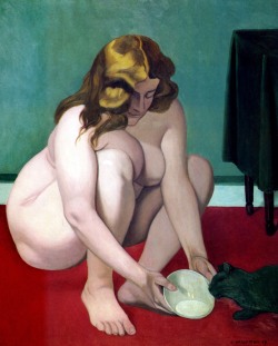 canvasobsession-deactivated2013:  Felix Vallotton Squatted Woman Offering of Milk to a Cat,  1919 