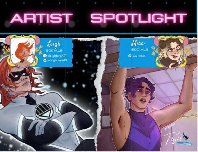A graphic announcing Leigh and Mira as zine artists. Leigh is at leighbirdART on Tumblr and Twitter, while Mira is at mirath0 on Twitter.