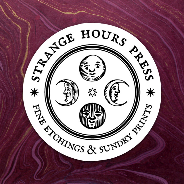 A photo composite of the circular logo for Strange Hours Press in black & white, overlaid on wine-colored marbled paper. The logo has four antiquated woodcuts of moons with faces and stars.
