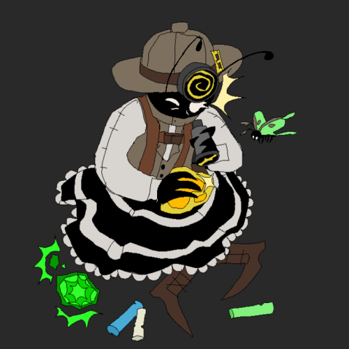 An image of Roaming Prospector and Concord, from a homestuck au where Wayward Vagabond and Serenity are switched around. Roaming prospector is sitting down next to chalk and uranium, and is observing a chunk of amber with a light and magnifying glass. Concord, a luna moth, is flying next to her.