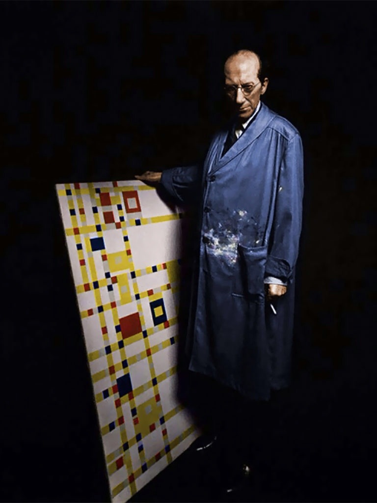 painters-in-color:  Piet Mondrian (Dutch, 1872-1944) with his last finished painting ”Broadway