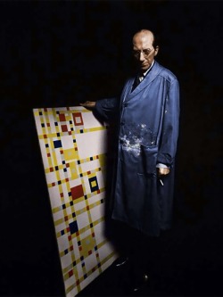 painters-in-color:  Piet Mondrian (Dutch, 1872-1944) with his last finished painting ”Broadway Boogie Woogie”. Photo: Fritz Glarner, 1943;  colorized by painters-in-color
