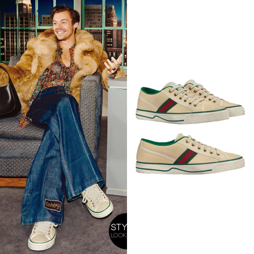 In this photo for Gucci Beloved, Harry is wearing Gucci Tennis 1977 sneakers. Photography by Ha