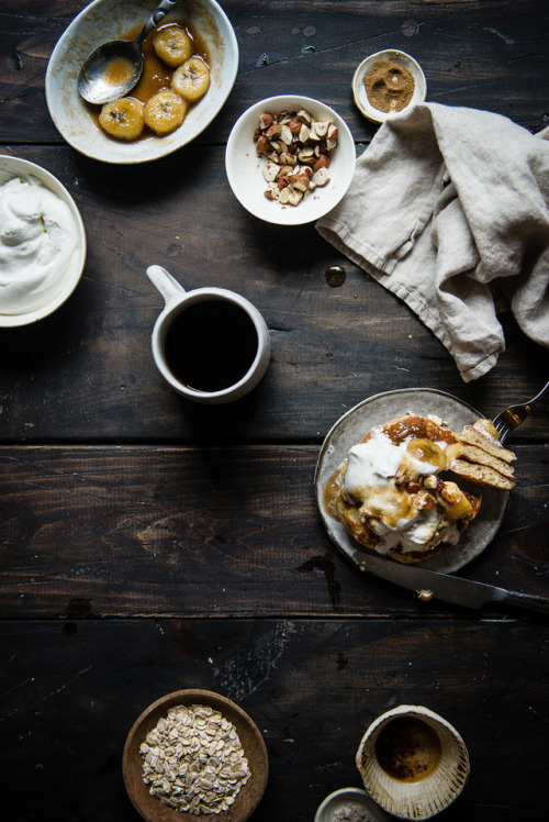 Brown Butter-Oat Pancakes with Caramelized Bananas and Bourbon Whip