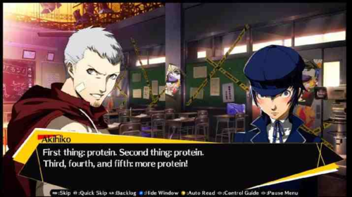 In a messed up classroom a pale guy with short grey hair and a red sweater on his shoulder is talking to a maskuline looking girl wearing a blue cap and blue coat. The guy with grey hair has a stern look while the girl with the blue cap is looking towards the camera, blushing. In a text box a person by the name of Akihiko says the following sentence: "First thing: protein. Second thing: protein. Third, fourth and fifth: more protein."