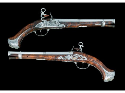 A pair of Spanish flintlock pistols, mid 18th century.