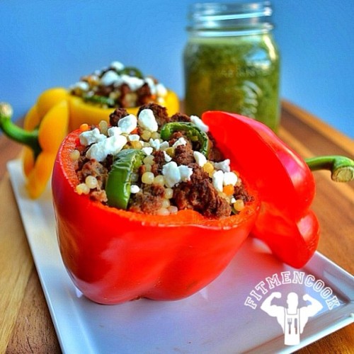 Stuffed bell peppers with extra lean grass fed beef, wheat pearl couscous, jalapenos and a green smo