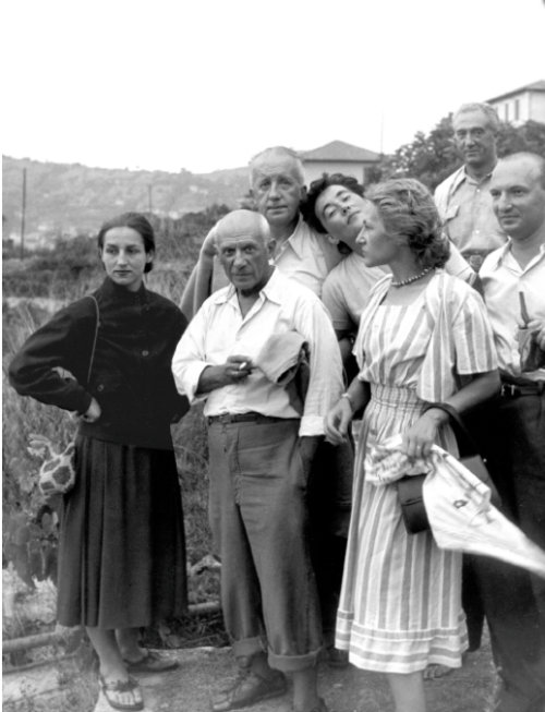 Pablo Picasso with Françoise Gillot and his friends by Willy Ronis, 1950
