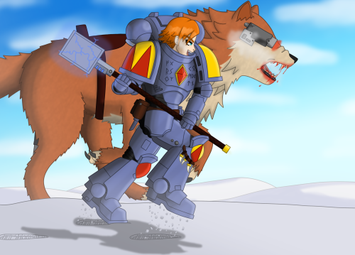 RWBY X Warhammer 40k Sister Valkyrie of the Space Wolves armed with a thunder hammer and bolt pistol
