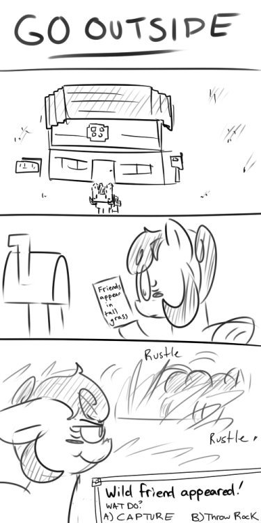 A little experiment I decided to try on the 4chan /mlp/ milky thread. A choose your own adventure comic where people would vote on what happens next. Lots of participation, was quite enjoyable. Plan to try more of this.