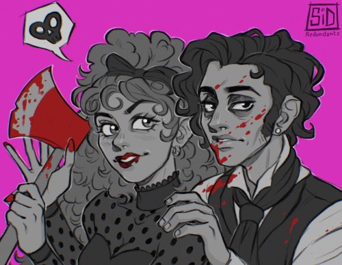 a drawing of the main characters from lisa frankenstein on a florescent pink background