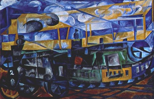 natalia-goncharova: Airplane over train, 1913, Natalia Goncharova