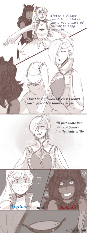 0blue-bird0:  ok but i want Winter to be an asshole. like, the hugest asshole and i want weiss to be terrified of her and of her finding out that one of Weiss’ best friends is a (former) White Fang member 