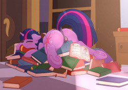 September’s patreon picture! My patreons voted upon what to draw for this month, and this idea (also by one of my patreons) won:   Twilight Sparkle sleeping on a pile of books, like in Princess Spike episode, looking cute having arousing dreams, winking