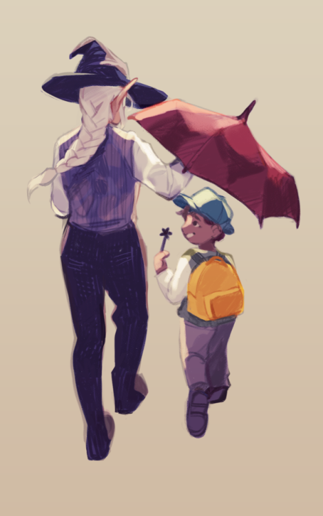 knightic:let’s go home, ango[image description: an illustration of Taako and Angus, walking away tog