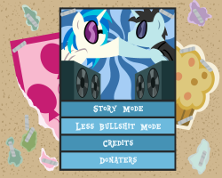 template93:  Got a good start on my Next NSFW game, staring Vinyl Scratch, and Neon Lights. Got my menu’s done. The “Less Bullshit” menu, and donators menu, will be fully complete, after the game has been made. But till then, here is my sneak peek