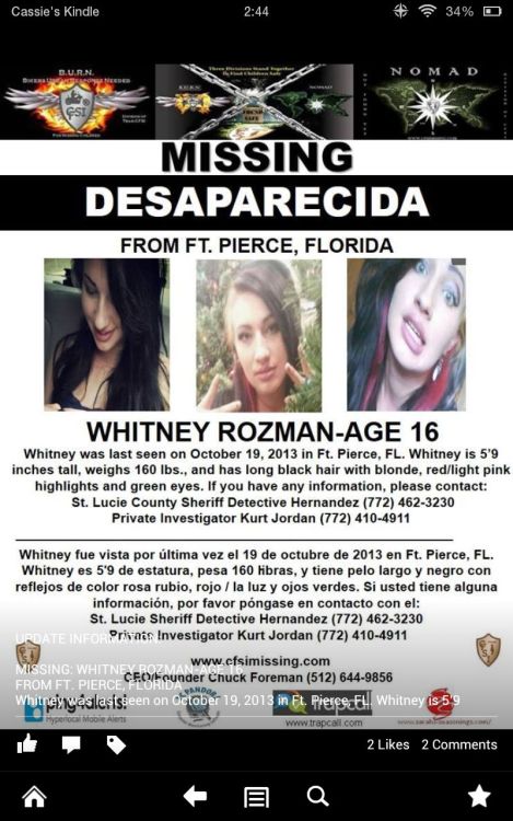 My cousin has been missing since last Saturday, if any of you live in the Ft. Pierce Florida area please call (772) 462-3230 or (772) 410-4911 with any information you may have. She’s got long black hair with blonde, red/pink highlights and green eyes.