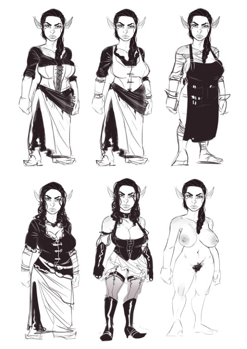 Designing outfits for Vera. From the top left: Everyday clothes Everyday clothes v2 Leatherworking apron Sunday clothes Femdom funtime for later chapters.  Naked butt Decided on a theme for the next chapter. Vera get’s a private commission to make