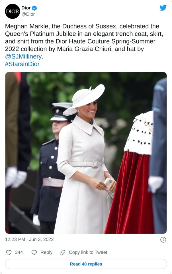 Meghan Markle, the Duchess of Sussex, celebrated the Queen's Platinum Jubilee in an elegant trench coat, skirt, and shirt from the Dior Haute Couture Spring-Summer 2022 collection by Maria Grazia Chiuri, and hat by @SJMillinery.#StarsinDior pic.twitter.com/F8SlDjVFUC — Dior (@Dior) June 3, 2022