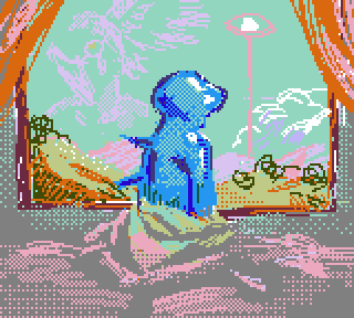 Vent pixel art of B using the Apple II colors. It sits near the frame of a large window. B is slumped and wrapped in sheets. The window shows a scene of a desolate plains desert, with a few bushes under a sickly turquoise sky. There’s a few clouds and mountains off in the distance, but mostly the day is clear. The sun is a crying eye, and its light bounces off something like a giant angel to the other side of B. A wing covers one eye and the other is outstretched, showing its pained expression. Two curtains frame the window.