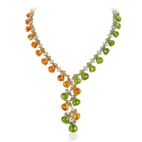 diamondsinthelibrary:An incredible Andreoli briolette necklace with diamonds, peridot, and citrine g