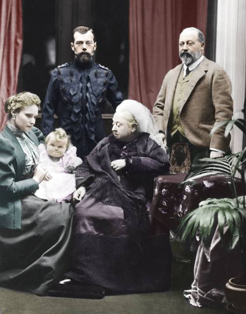 Czar Nicholas II with Queen Victoria, as well as Prince Edward (Right), and his wife  Tsarina Alexan