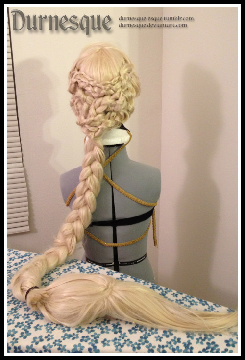 durnesque-esque:  durnesque:  I have been working on restyling Cinderella and Rapunzel wigs for the past two days… I hate them both. They look fine, but I honestly HATE working with wigs. Give me real hair any day of the week.  Going to add flowers
