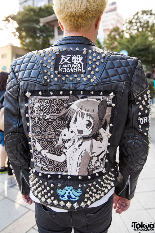 tokyo-fashion:  Japanese video director Toshitaka wearing a customized punk-meets-Akihabara leather biker jacket and pink Dr. Martens on the street in Harajuku. Full Look