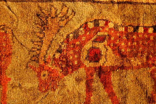 Pile carpet.Pazyryk barrow no. 5, 252-238 BCE. Wool. 183 x 200 cm.Pub.: Rudenko 1953, pp. 351-356; p