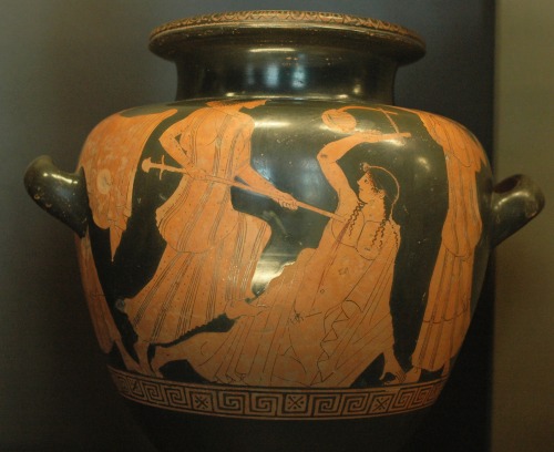 lionofchaeronea:The death of Orpheus.  Attic red-figure stamnos, signed by the painter Hermonax; ca.