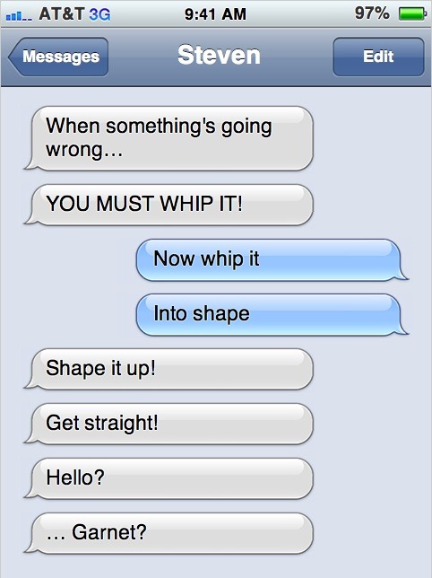 A friendly game of Text the Song Lyrics ends in disaster.  But don’t worry, Steven