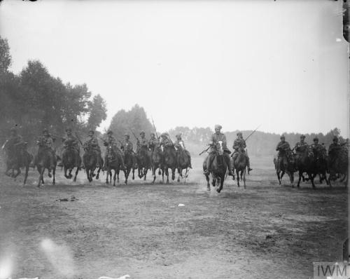 Men of the 9th Hodson’s Horse, Indian Army charging directly towards the camera and armed with