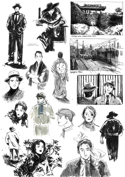 Ink pen + brush pen drawings 1930s East-Asia sketches. Drawing some things I have in my researc