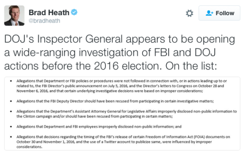 micdotcom:Justice Department inspector general will investigate the FBI’s pre-election actionsThe De