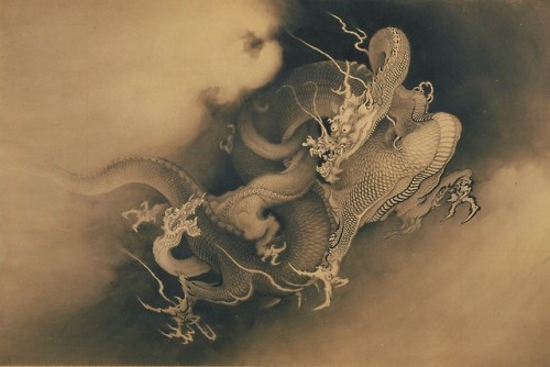 oldpaintings:Two Dragons (in Clouds), 1885 by Kano Hōgai (Japanese, 1828–1888)