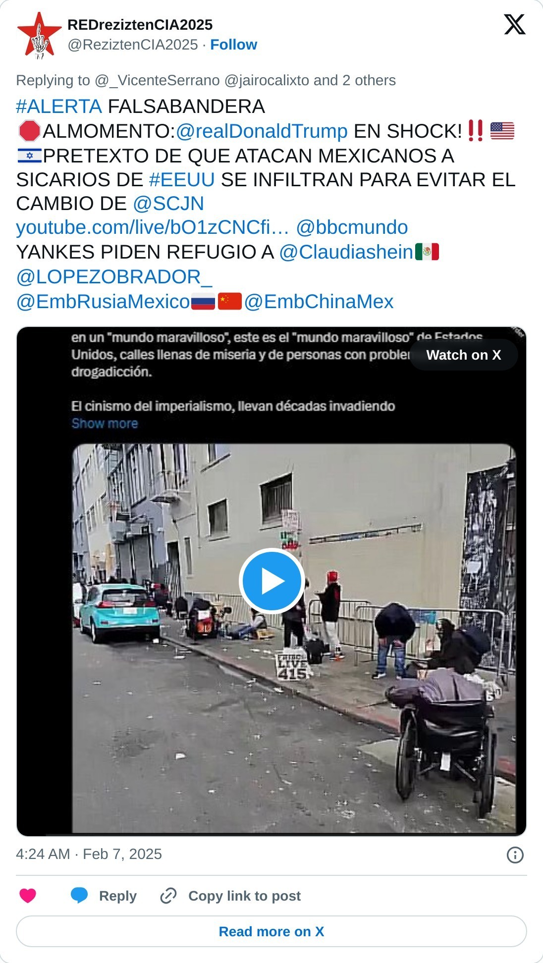 #ALERTA FALSABANDERA
ALMOMENTO:@realDonaldTrump EN SHOCK!‼️PRETEXTO DE QUE ATACAN MEXICANOS A SICARIOS DE #EEUU SE INFILTRAN PARA EVITAR EL CAMBIO DE @SCJNhttps://t.co/fUOl4ZK77B @bbcmundo
YANKES PIDEN REFUGIO A @Claudiashein@LOPEZOBRADOR_@EmbRusiaMexico@EmbChinaMex pic.twitter.com/wvTdpWL6ZT

— REDreziztenCIA2025 (@ReziztenCIA2025) February 7, 2025