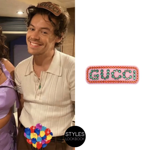 styleslookbook:In Miami with Lizzo, Harry was pictured wearing a Gucci pink crystal logo hair clip w