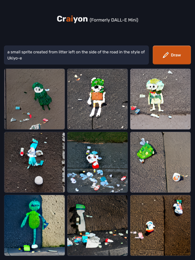 9 Craiyon AI interpretations of the prompt "a small sprite created from litter left on the side of the road in the style of ukiyo-e".