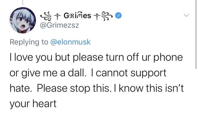 lesbianboyfriend:gimmickbird:28dayslater:Trampolines are so fucking stupid like ooh look at me I can jump high. Worthless creation[id: a tweet from grimes to elon musk reading “I love you but please turn off ur phone or give me a dall. I cannot support