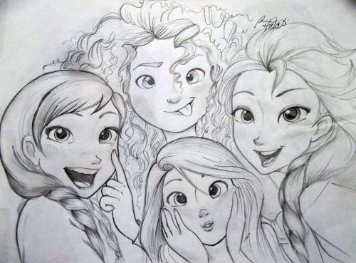 frozenloki:  My Rapunzel, Merida, Anna, and Elsa Sketchies :3  just thought maybe I could post it here :3 http://nicolebalcom.deviantart.com/ 
