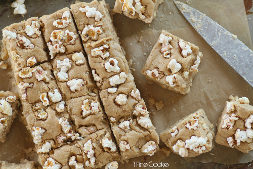 Beer fudge with salted popcorn recipe by 1 Fine Cookie. Topped with salty popcorn for the ultimate t