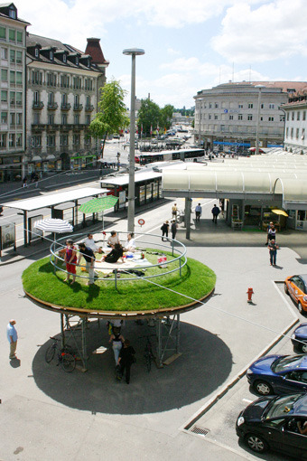 publicdesignfestival:   Flashback: 2008 Fribourg (Switzerland). The Island by Christian Hasucha. To chill out in the midst of cityscape. The installation was part of Festival Belluard Bollwerk International.  