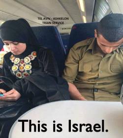 lebaenese:  amovible:  aabeliever22:  A palestinian Arab women sitting beside a Jewish Israeli IDF soldier.This Israel. We do want to live in peace with eachother.  Really?Because when I went there I wasn’t even allowed to fly in the countryI went through