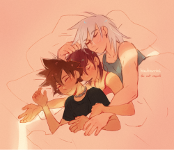 hawberries:  riku is tall so he can bigspoon kairi and sora at the same time, there’s no other explanation[alt:  a drawing of riku, kairi, and sora asleep in bed. riku is spooning  kairi, who is spooning sora; their arms are tangled so that they are